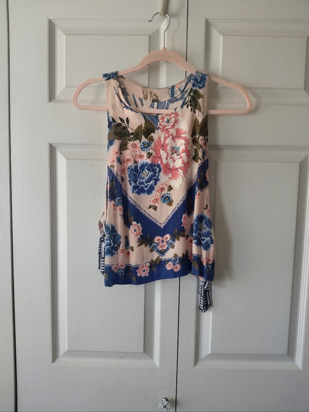 Free People Floral Scoop Neck Tank Top - Cream, Blue & Pink